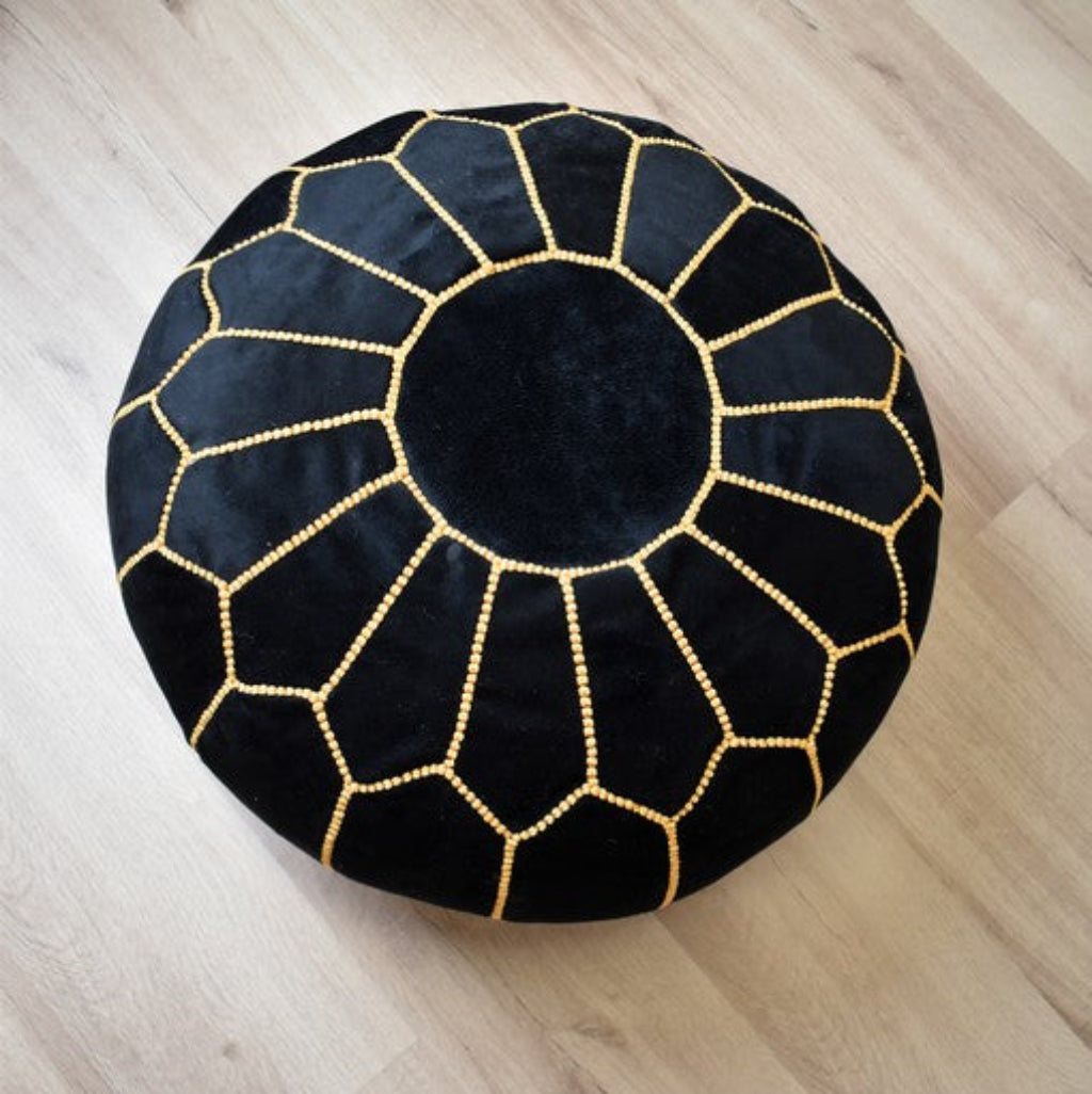 Pouf marocain de luxe en velours NOIR VP1BL