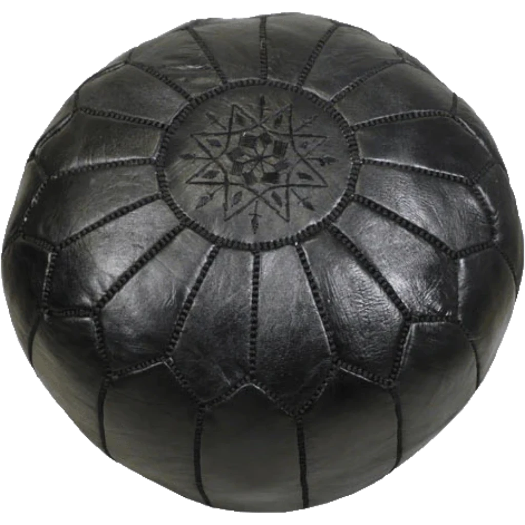 handcrafted black moroccan pouf, leather ottoman used as footstool coffee table and pouf