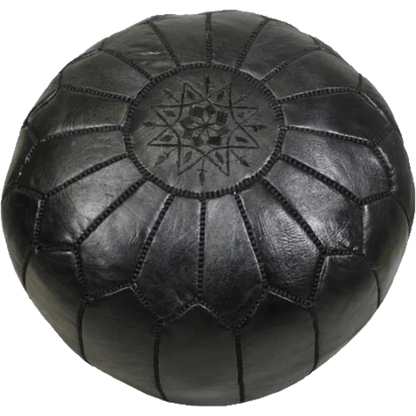 handcrafted black moroccan pouf, leather ottoman used as footstool coffee table and pouf