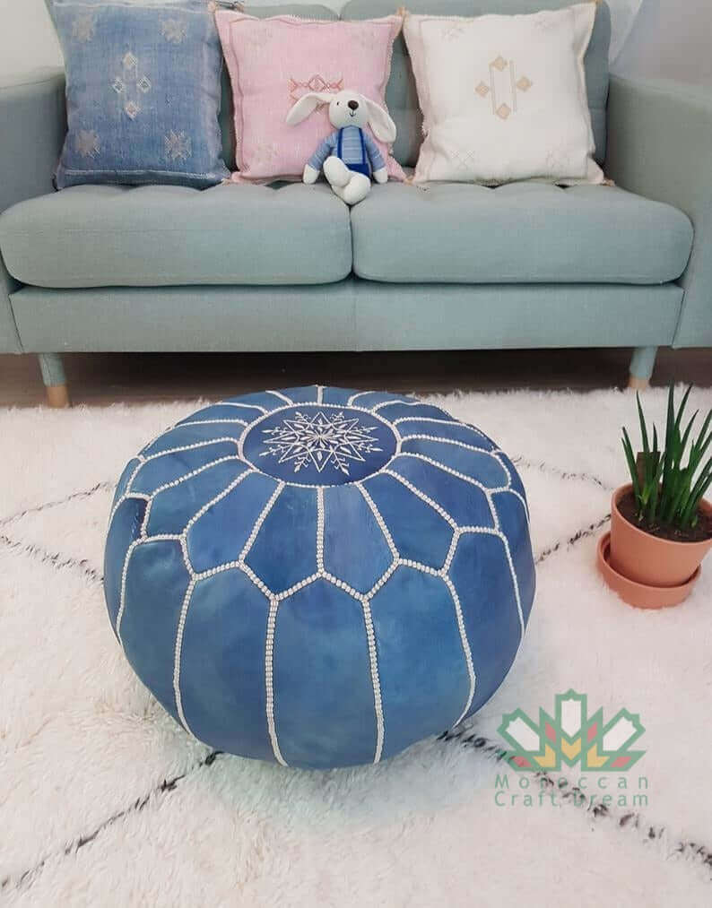 Blue Jean Stylish Moroccan leather ottoman, perfect for enhancing home decor with a touch of artisan quality.