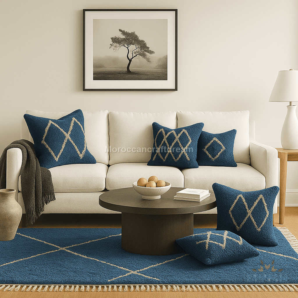 living room with blue area rug and pillows