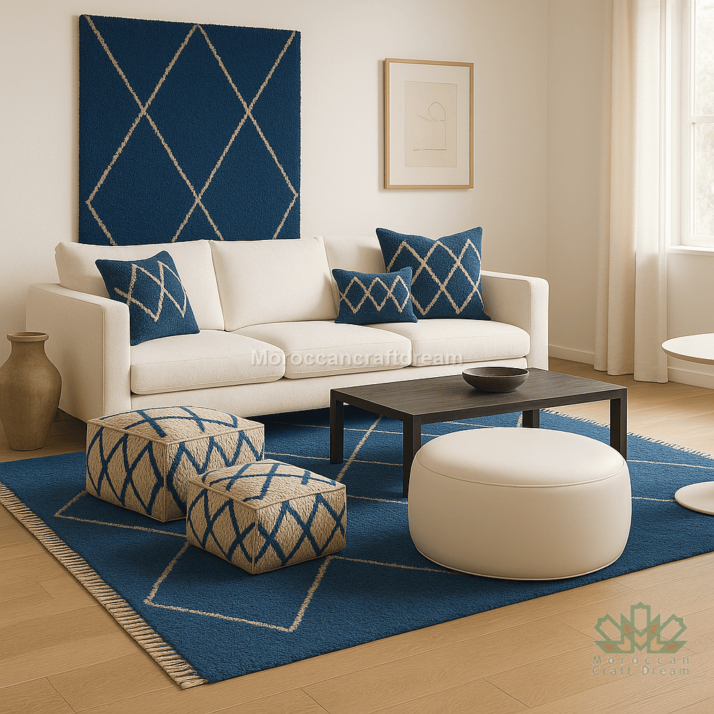 Blue berber rug with white pouf blue pillows and white kilim poufs