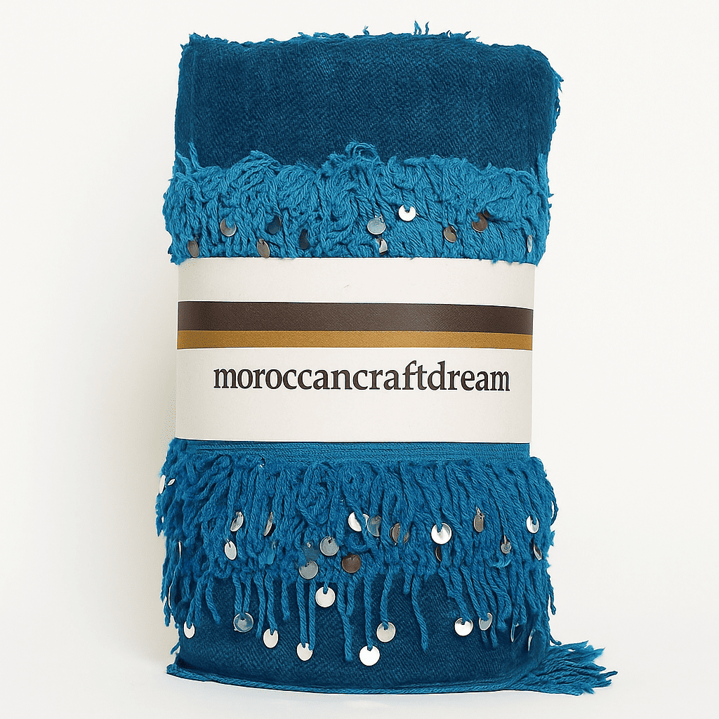 Blue fabric with fringe and sequins on a white background, featuring 'moroccancraftdream' label.