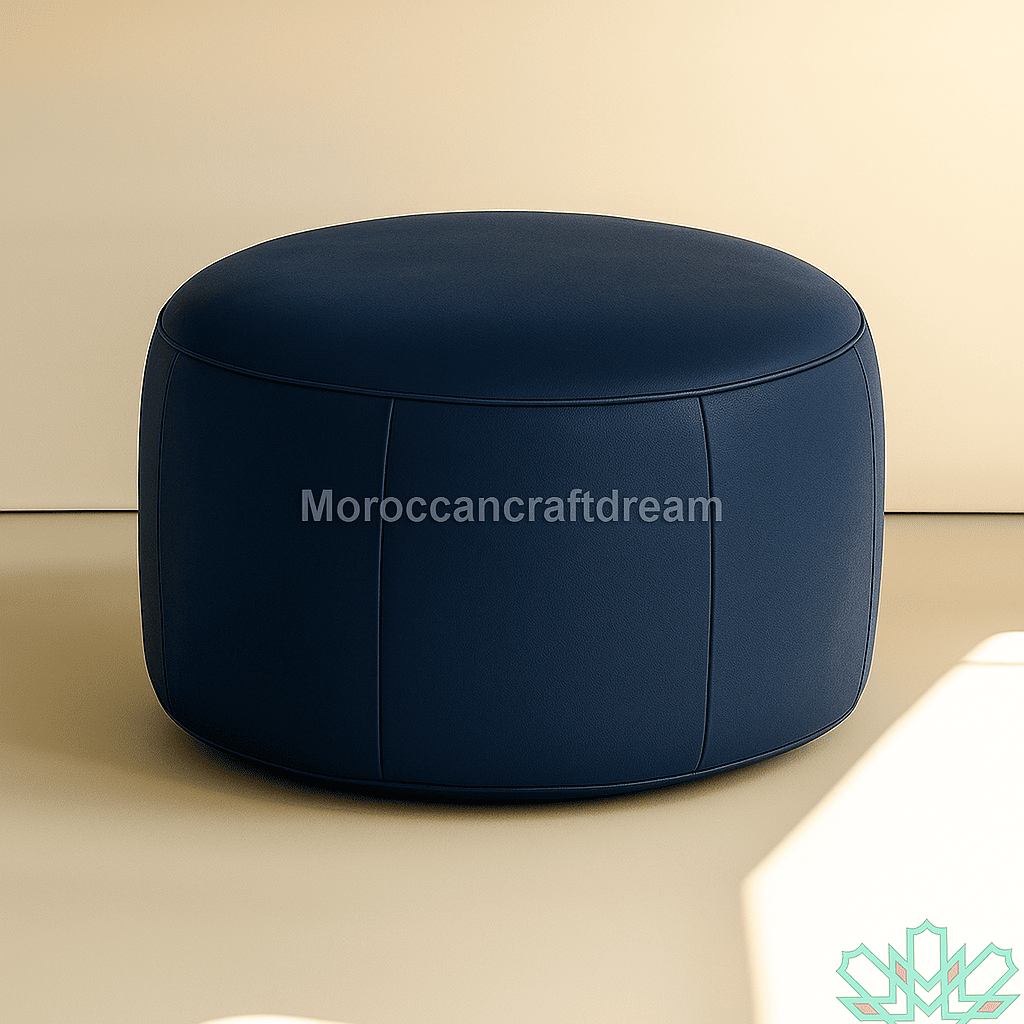 Blue ottoman on a beige background with 'MoroccanCraftDream' branding.