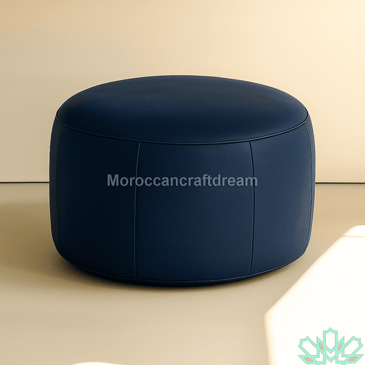 Blue ottoman on a beige background with 'MoroccanCraftDream' branding.