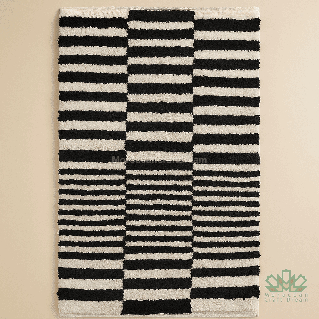 Black and white striped rug on a beige background