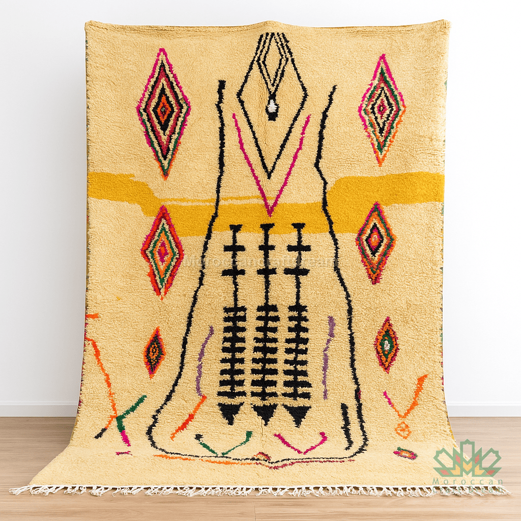 Decorative rug with geometric pattern on a wooden floor