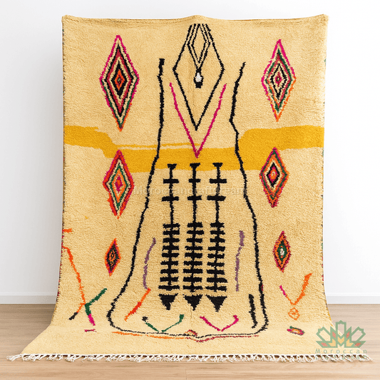 Decorative rug with geometric pattern on a wooden floor