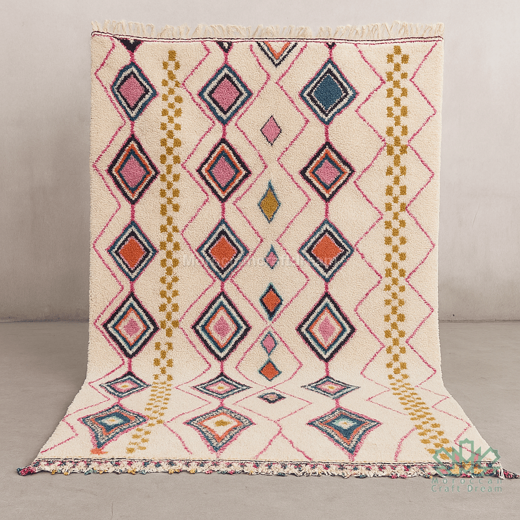 Decorative rug with geometric pattern on a neutral background