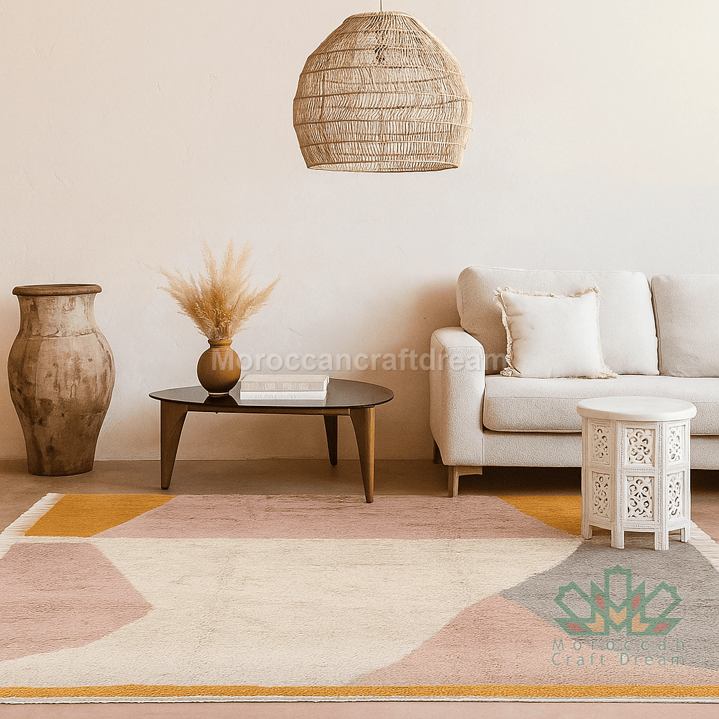 Living room with a beige sofa, wooden coffee table, and decorative rug.