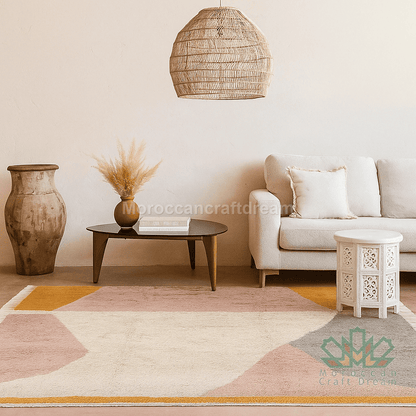 Living room with a beige sofa, wooden coffee table, and decorative rug.