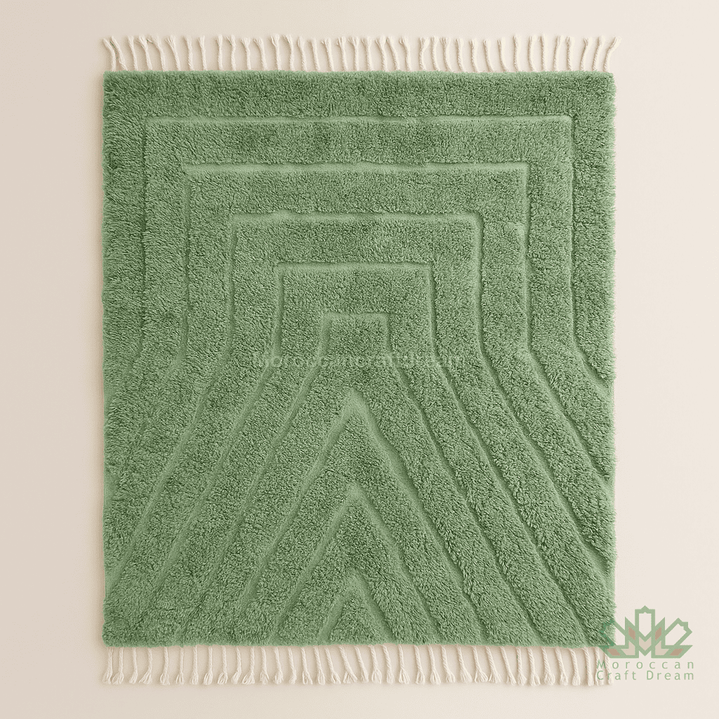 Green textured rug with white fringe on a beige background