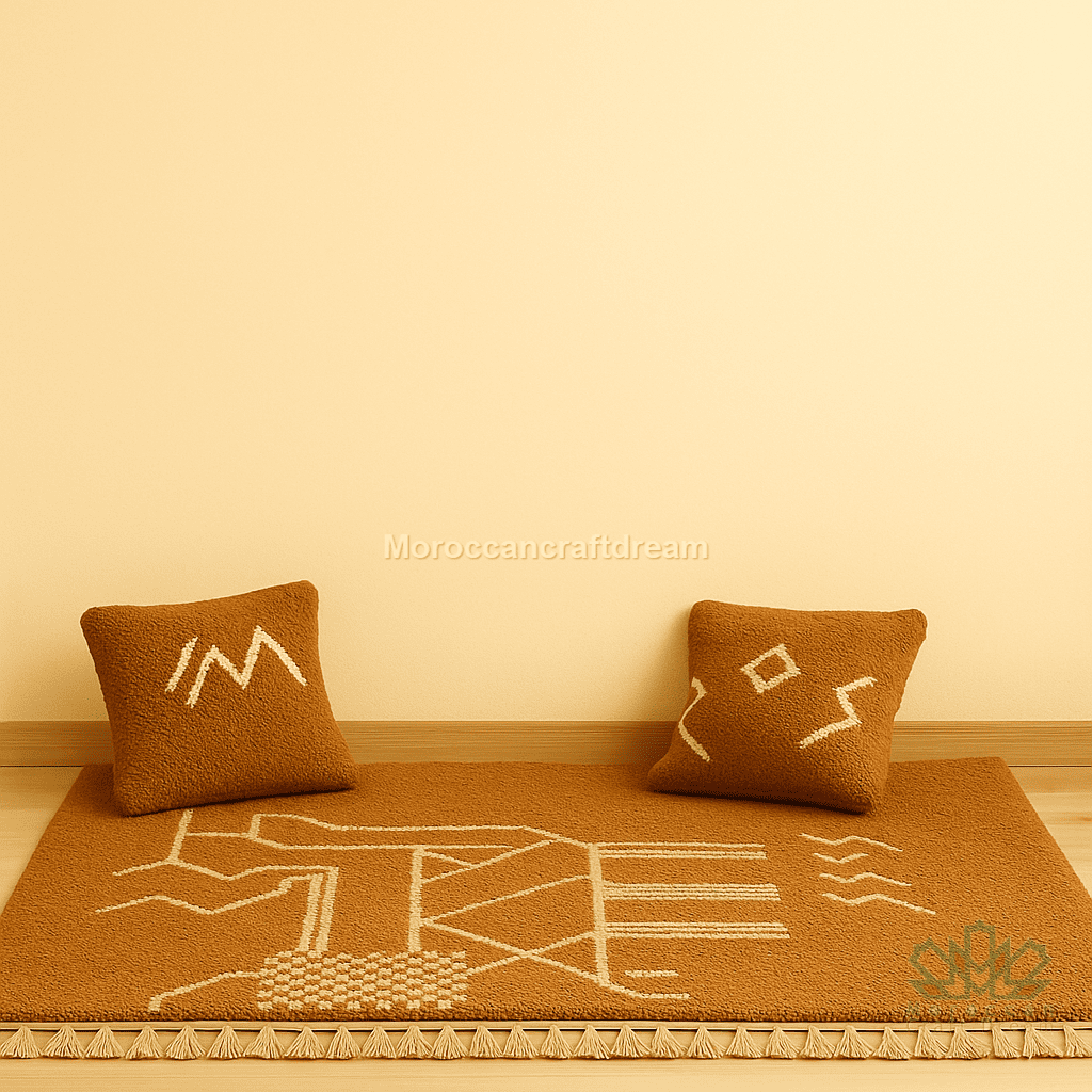 Two brown cushions with white patterns on a matching brown rug against a beige wall.