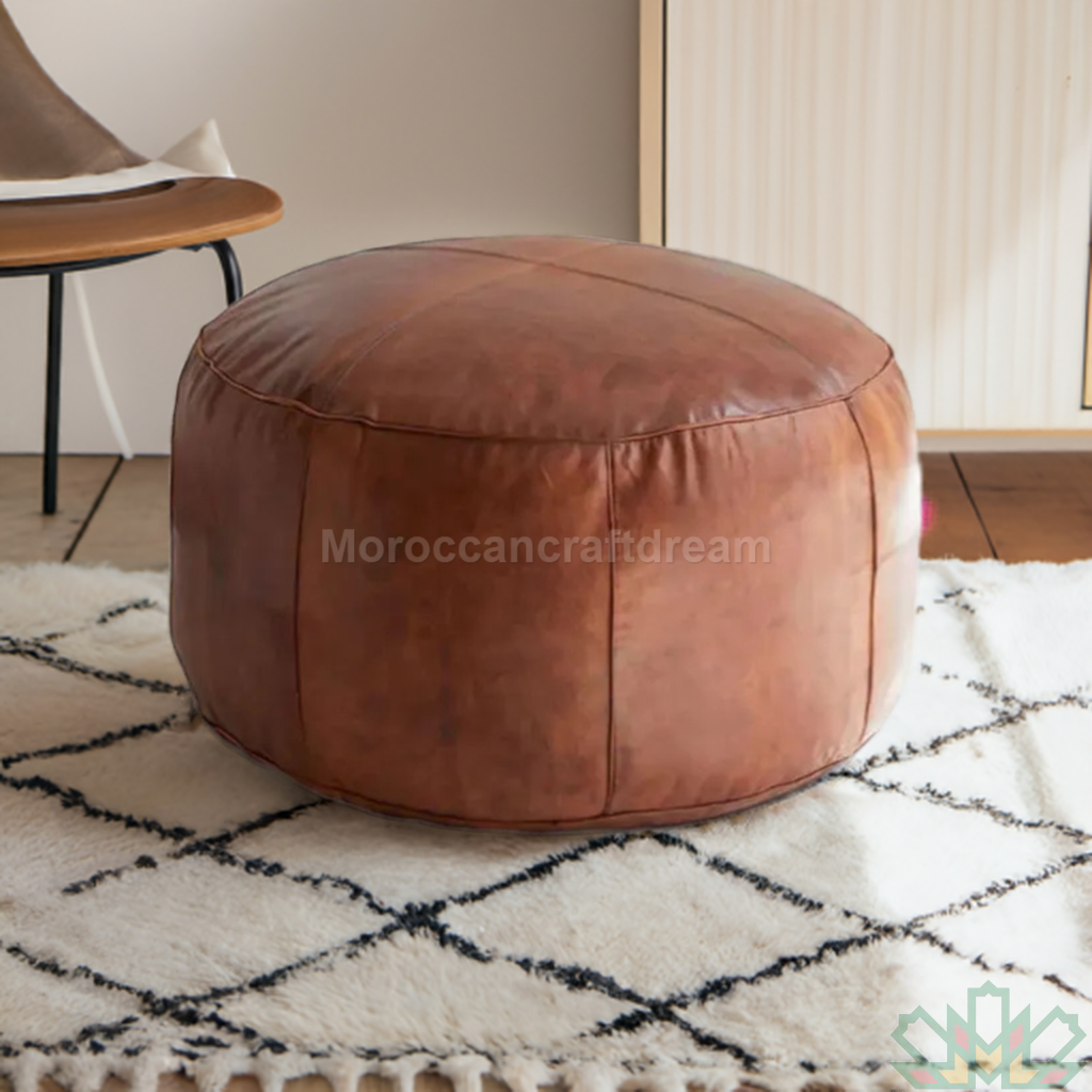 brown handmade moroccan pouf leather ottoman used as footstool coffee table 