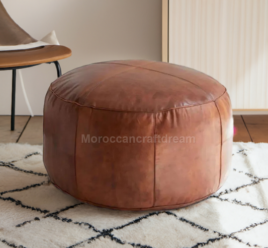 brown handmade moroccan pouf leather ottoman used as footstool coffee table 