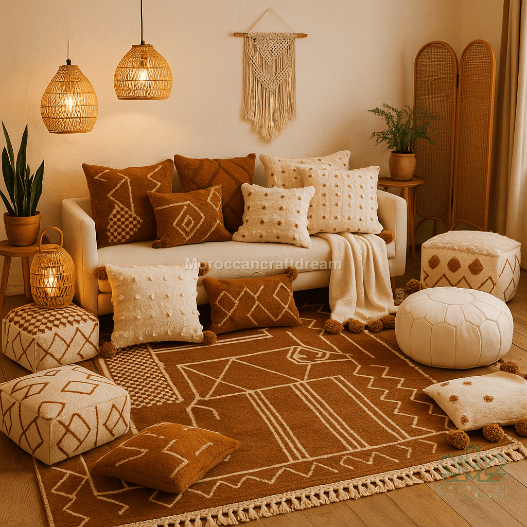 Cozy living room with Moroccan-style decor, including a sofa with patterned cushions, poufs, and a rug.