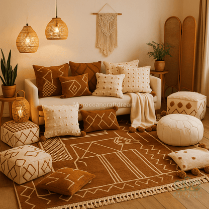Cozy living room with Moroccan-style decor, including a sofa with patterned cushions, poufs, and a rug.