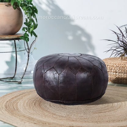 Brown chocolate Moroccan leather pouf ottoman by Moroccancraftdream, ideal for living room or bedroom decor.