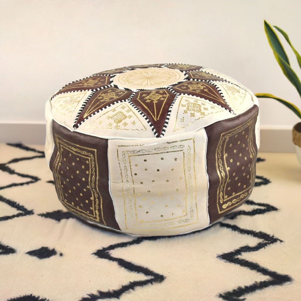 Handmade brown leather moroccan pouf ottoman