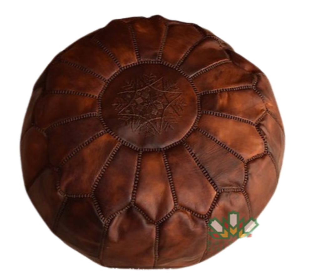 Brown Tan Moroccancraftdream leather pouf ottoman with geometric patterns, offering versatile use as a seat, footrest, or coffee table.