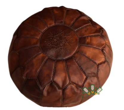 Brown Tan Moroccancraftdream leather pouf ottoman with geometric patterns, offering versatile use as a seat, footrest, or coffee table.