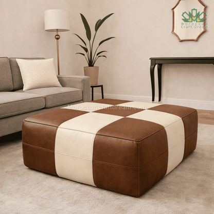Brown and cream checkered leather ottoman coffee table, handcrafted Moroccan damier design in genuine leather, large brown and cream lounge seat and decorative ottoman coffee table in vintage luxury style