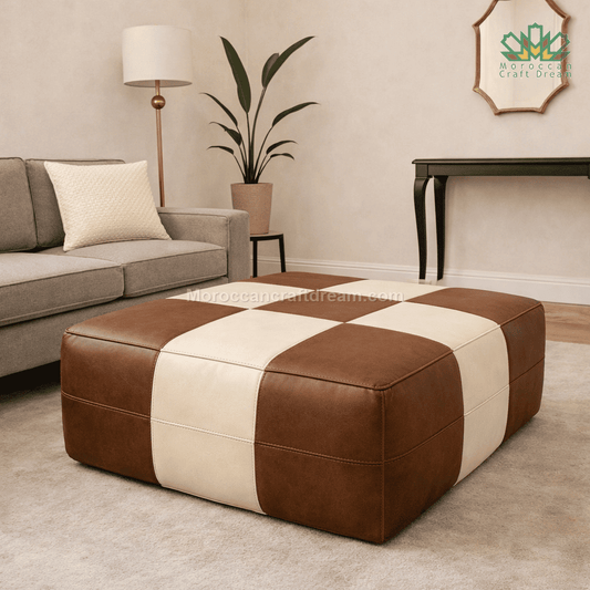 Brown and cream checkered leather ottoman coffee table, handcrafted Moroccan damier design in genuine leather, large brown and cream lounge seat and decorative ottoman coffee table in vintage luxury style