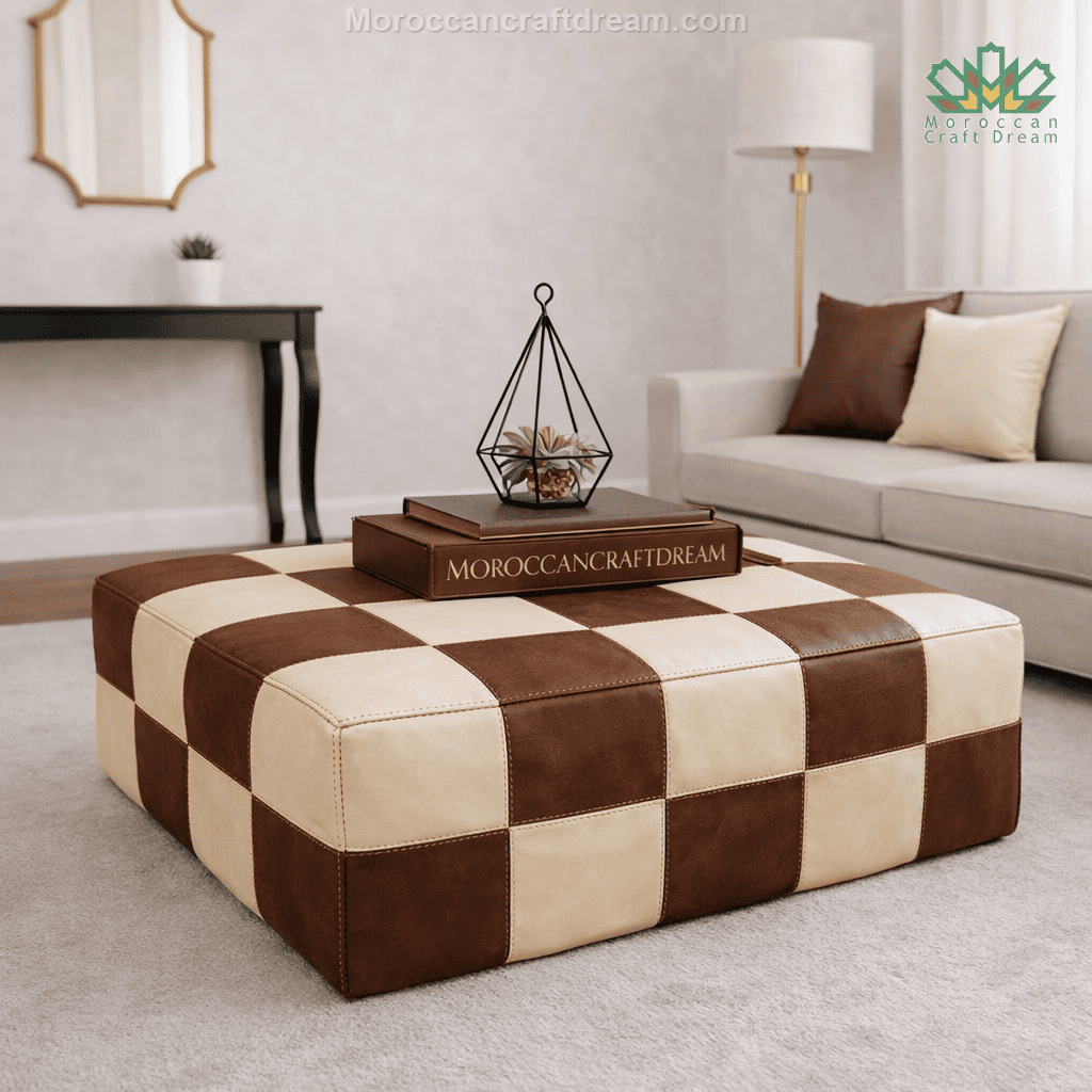 Brown and cream checkered leather ottoman pouf, handmade Moroccan damier design in genuine leather, large brown and cream lounge seat and decorative ottoman coffee table in vintage luxury style