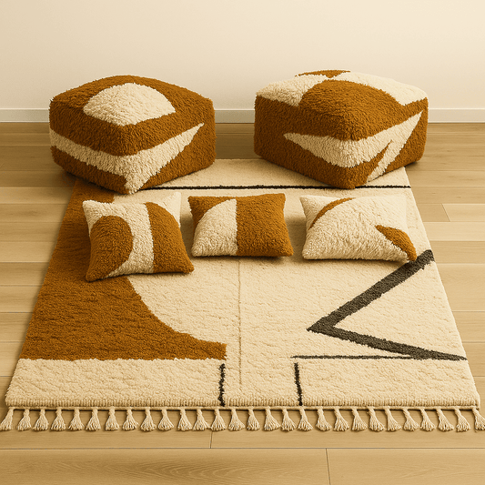 Set Harmonie Artisanale – Tapis Berbère avec Poufs Kilim et Coussins
