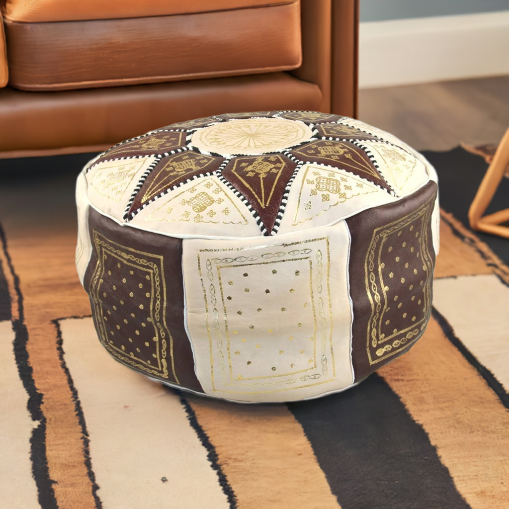 Handmade brown leather moroccan pouf ottoman bohemian decor