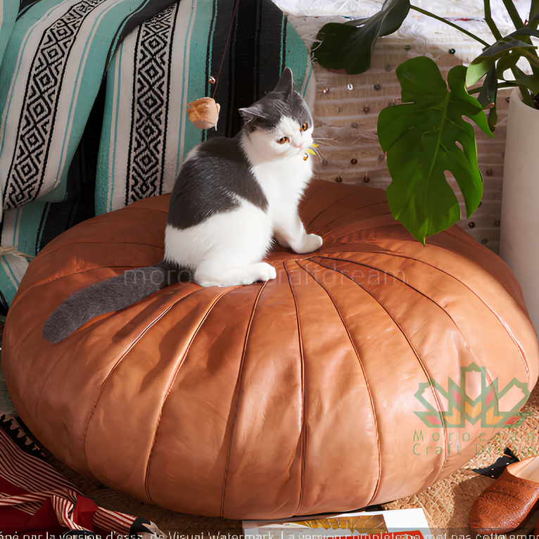 Caramel Round Classy Moroccan leather pouf ottoman, a statement piece for sophisticated and functional home decor.