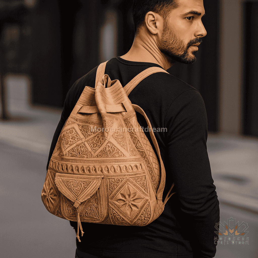 Man wearing a brown embroidered backpack with a blurred background