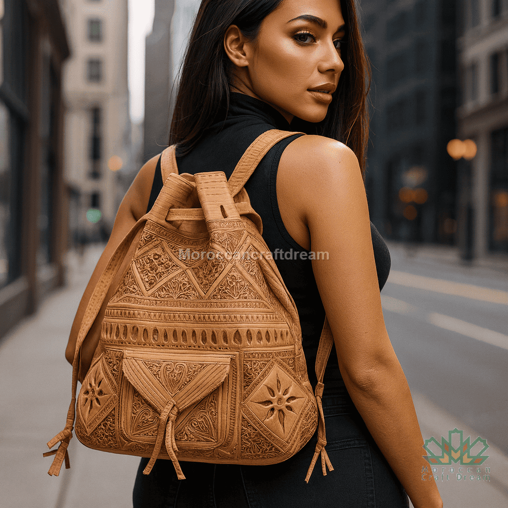 Woman wearing a brown embroidered backpack on a city street