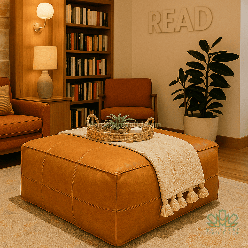 Cozy living room with brown furniture, bookshelf, and decorative elements.