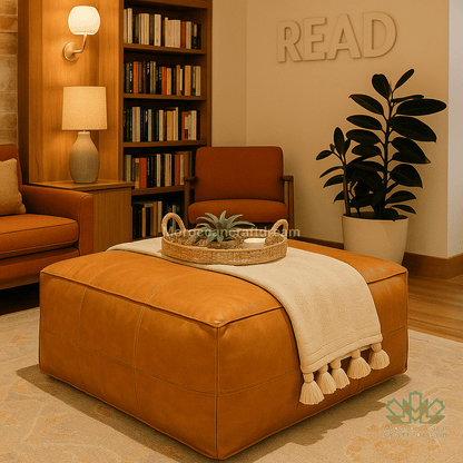 Cozy living room with brown furniture, bookshelf, and decorative elements.