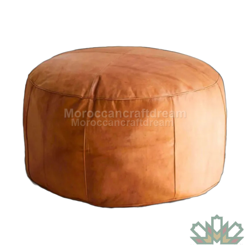 Table basse ronde en cuir marron clair - Pouf marocain avec coutures noires LRP2TA