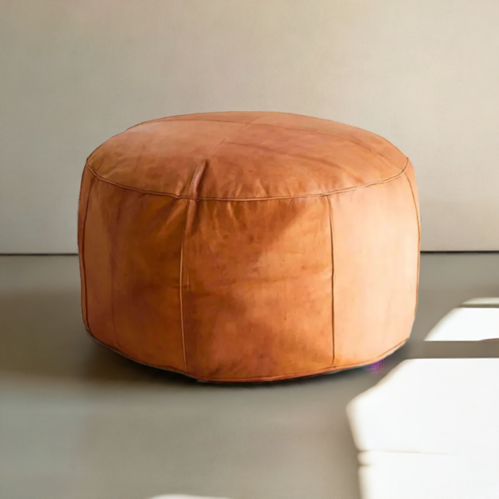 handcrafted extra large round leather ottoman coffee table used as footstool moroccan pouf caramel