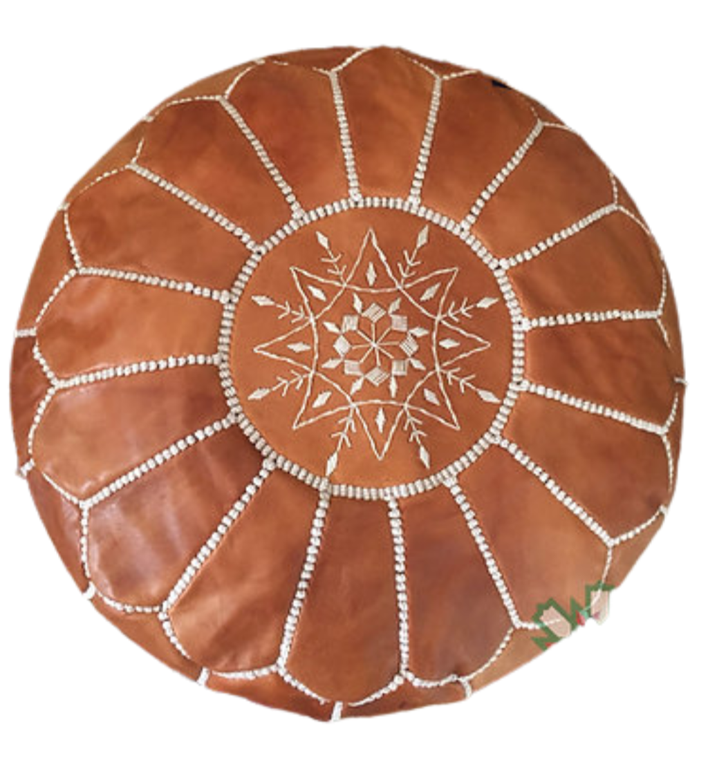 Moroccan caramel leather ottoman featuring durable craftsmanship, suitable for daily use as seating or footrest.