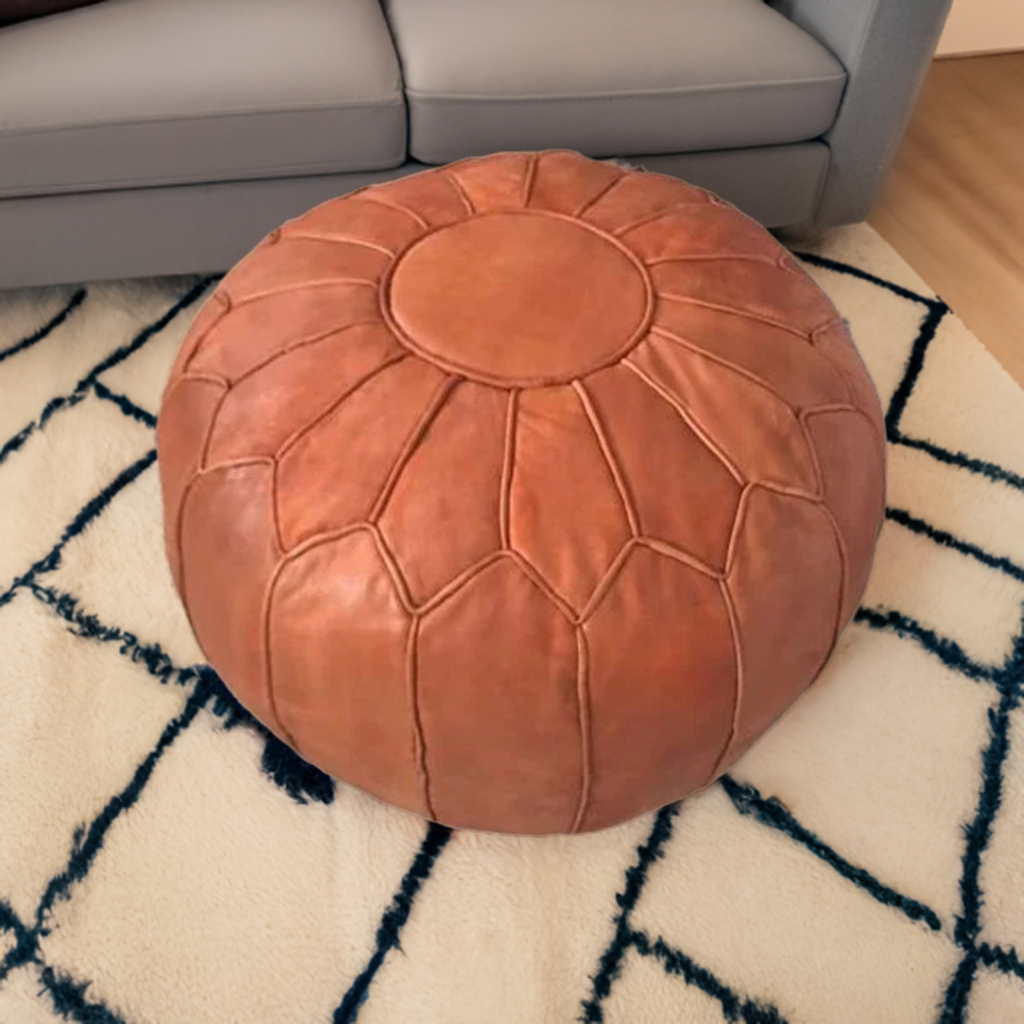 large round leather ottoman coffee table footstool moroccan pouf caramel bohemian decor