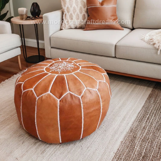 large round leather ottoman coffee table footstool moroccan pouf caramel living room