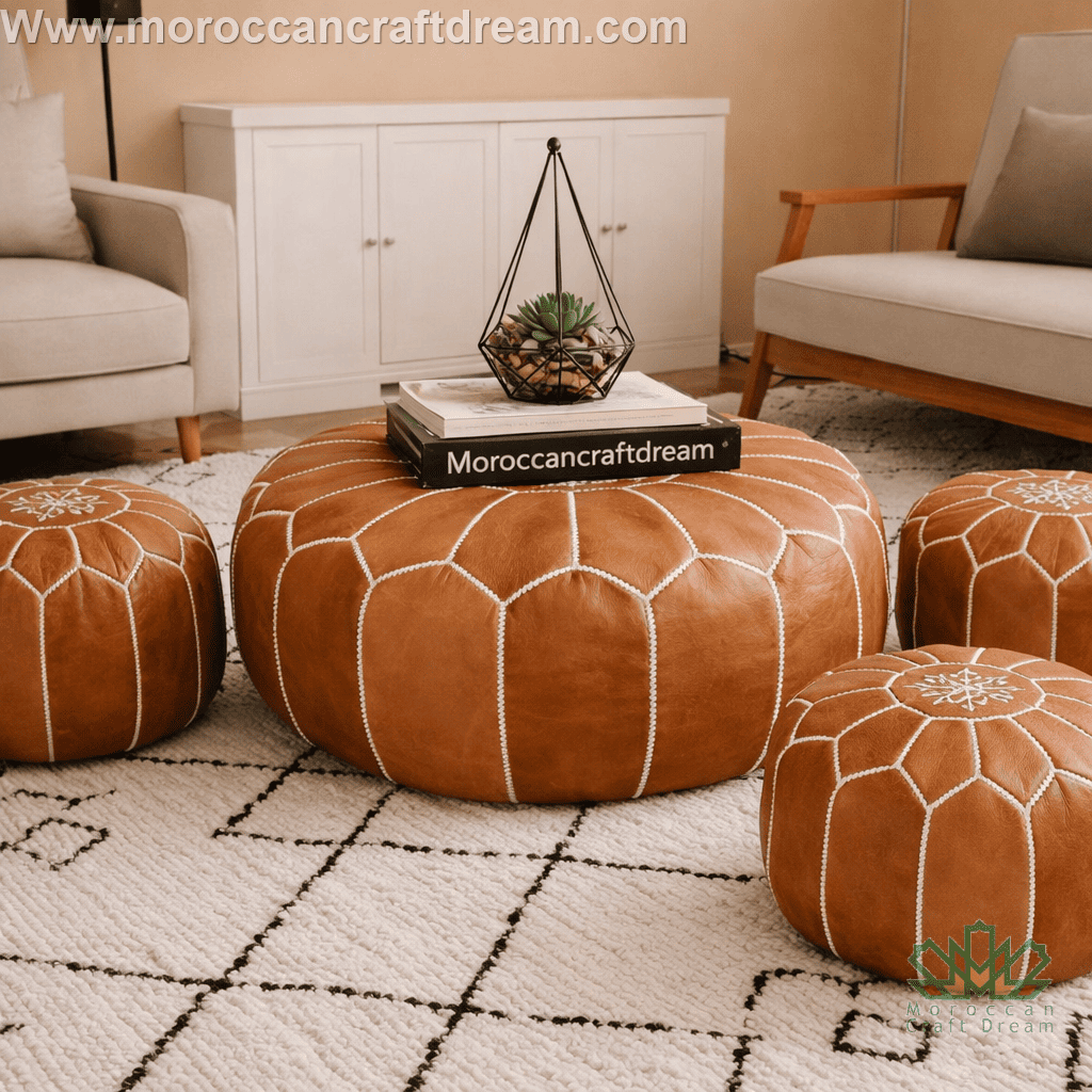 Caramel leather pouf with geometric pattern in a living room setting, featuring Moroccan Craft Dream branding.