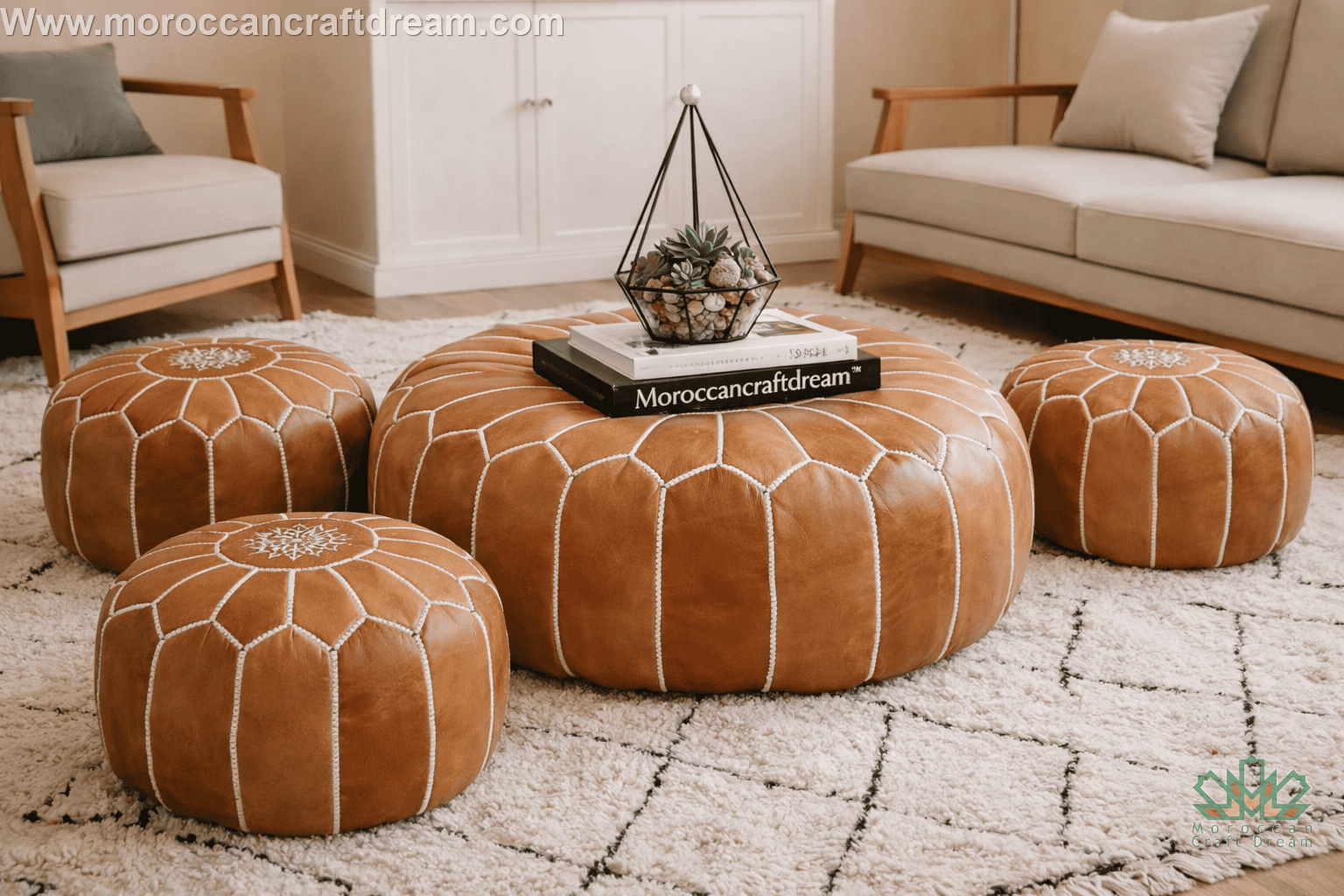 Caramel leather ottomans in a living room setting with 'moroccancraftdream' branding.