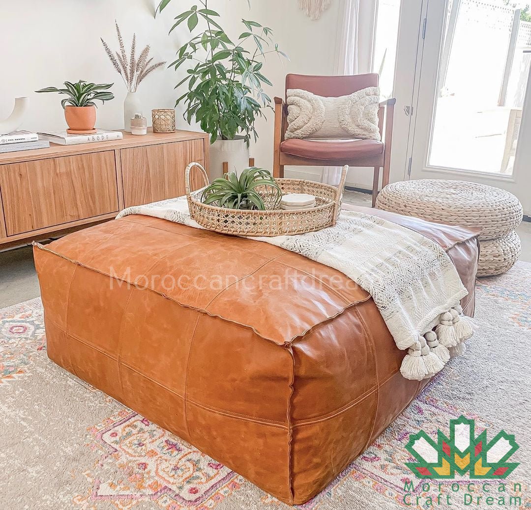 Square and rectangular Moroccan Leather coffee table ottoman, stylishly designed to suit modern living room decor and enhance functionality.