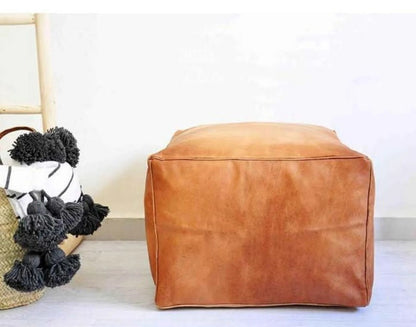 handmade caramel leather ottoman square shape