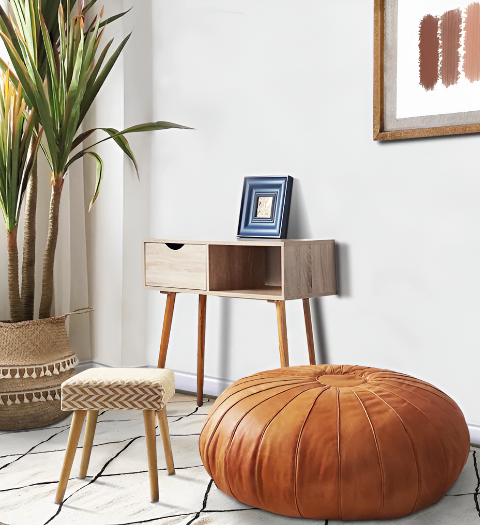 Caramel Round Moroccan leather ottoman featuring durable craftsmanship, suitable for daily use as seating or footrest.