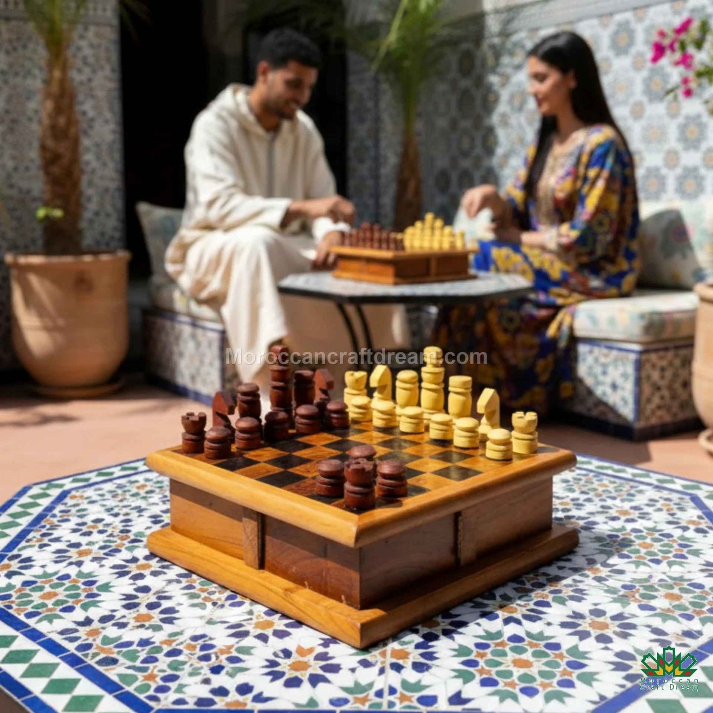 Artisan-made Thuya wood jewelry chest displayed in a boutique interior, checkered style.
