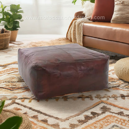 Chocolate brown Square large leather coffee table ottoman, a versatile decor piece that suits contemporary and traditional styles.