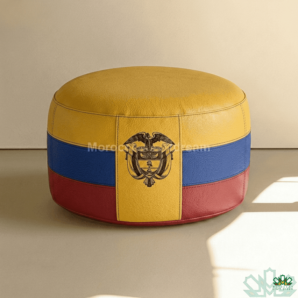 Round ottoman with Colombian flag design on a beige background