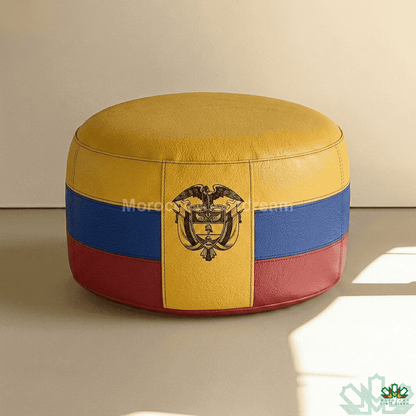 Round ottoman with Colombian flag design on a beige background