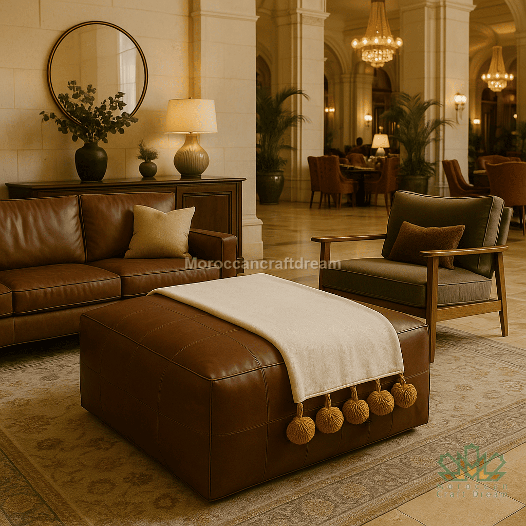 Luxurious living room with brown leather furniture and decorative elements.